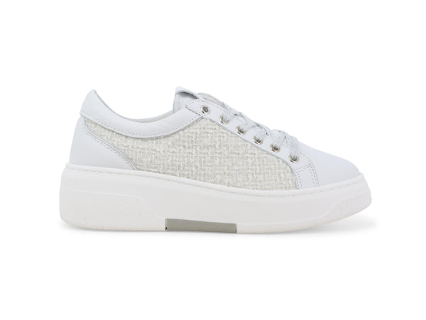 Melluso Sneaker Donna Platform in Pelle Bianca e Tessuto Lavorato Bouclé Bianco 034368-244372